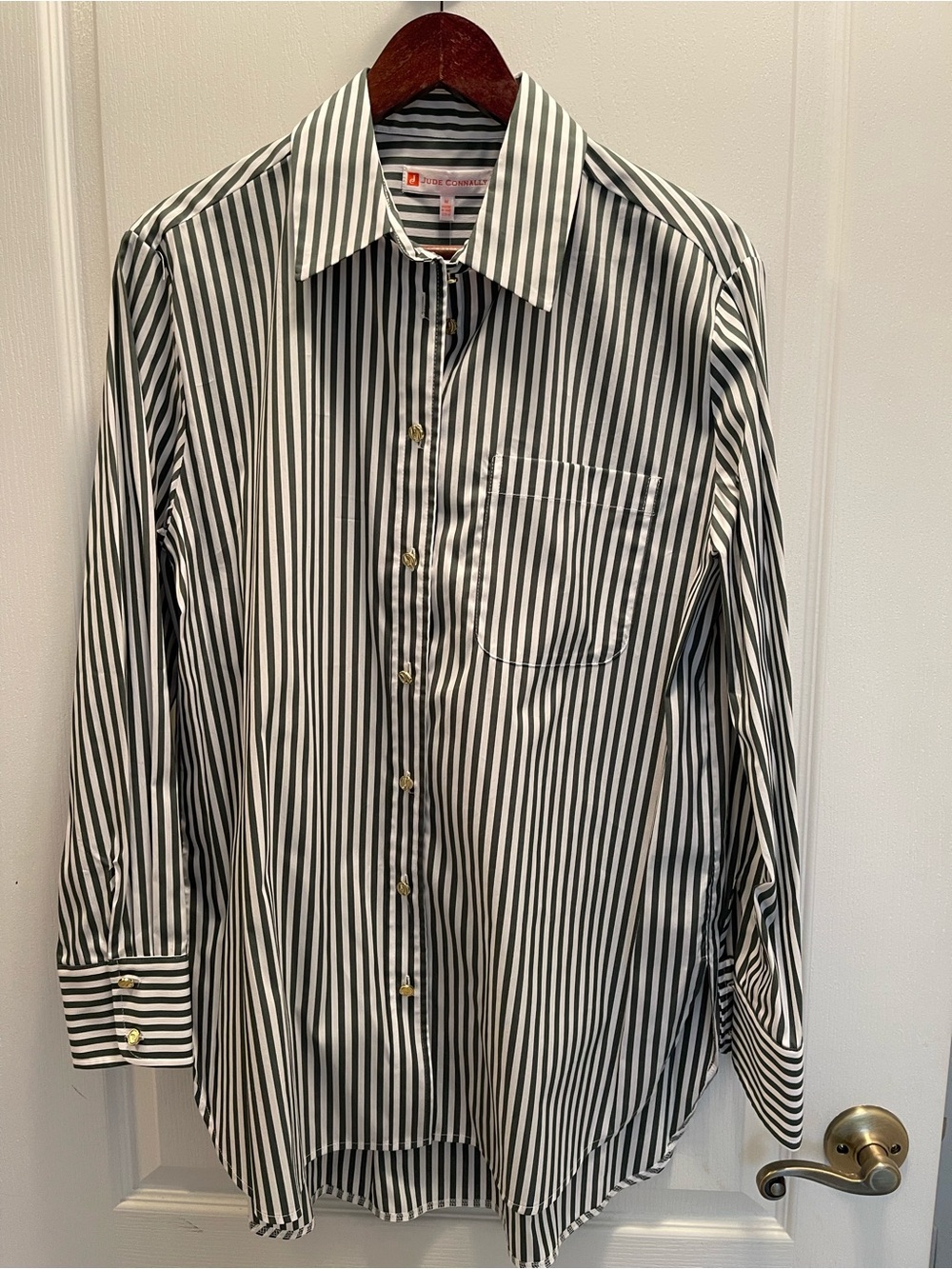 Women’s Classic green & White Stripe Button-Up Shirt